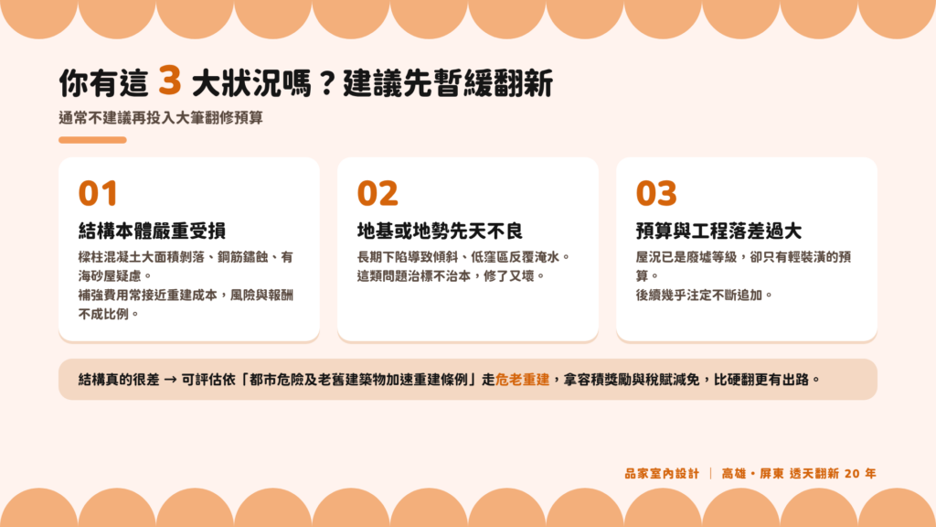 透天老屋建議先暫緩翻新的 3 大狀況:結構嚴重受損、地基或地勢先天不良、預算與工程落差過大