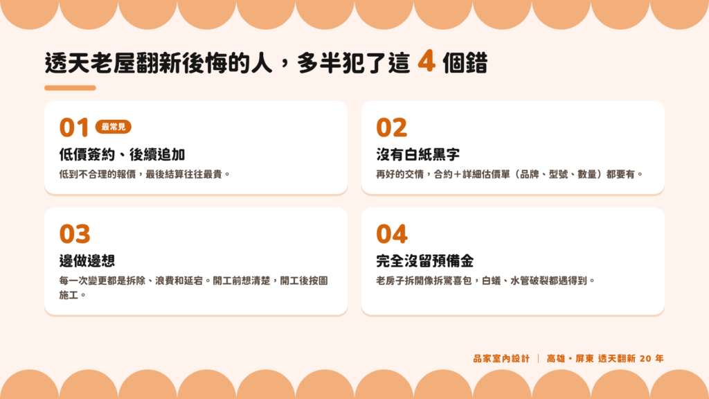 透天老屋翻新後悔的 4 個常見錯誤:低價簽約後續追加、沒有白紙黑字、邊做邊想、沒留預備金