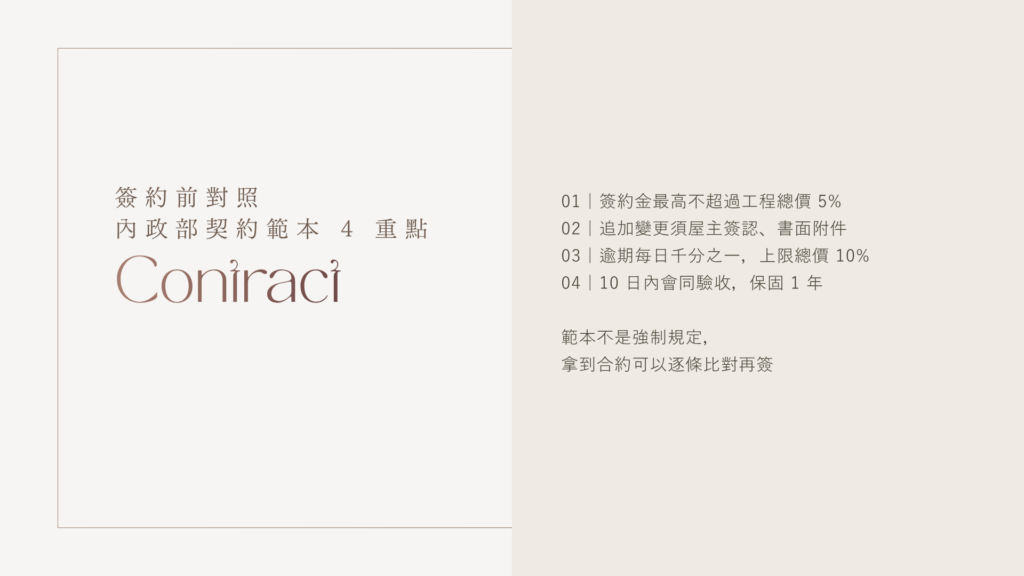 內政部室內裝修契約範本 4 重點:簽約金上限 5%、追加變更要書面簽認、逾期每日千分之一違約金、10 日內驗收保固 1 年